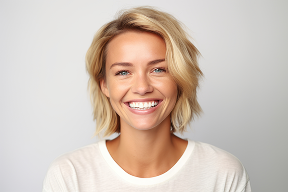 Bright white teeth smiling confidently against a neutral background.