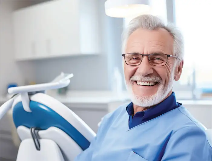 A dentist in a modern operatory reviewing a 3D cone beam CT scan on a large monitor with a patient seated nearby, both examining the imaging together in a collaborative and calm atmosphere. The setting conveys advanced diagnostic capability paired with a personal, consultative approach.